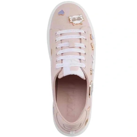 Karl Lagerfeld Pink Heart Embellished Graphic White Lace Sole Casual Sneakers8.5 - Picture 4 of 7